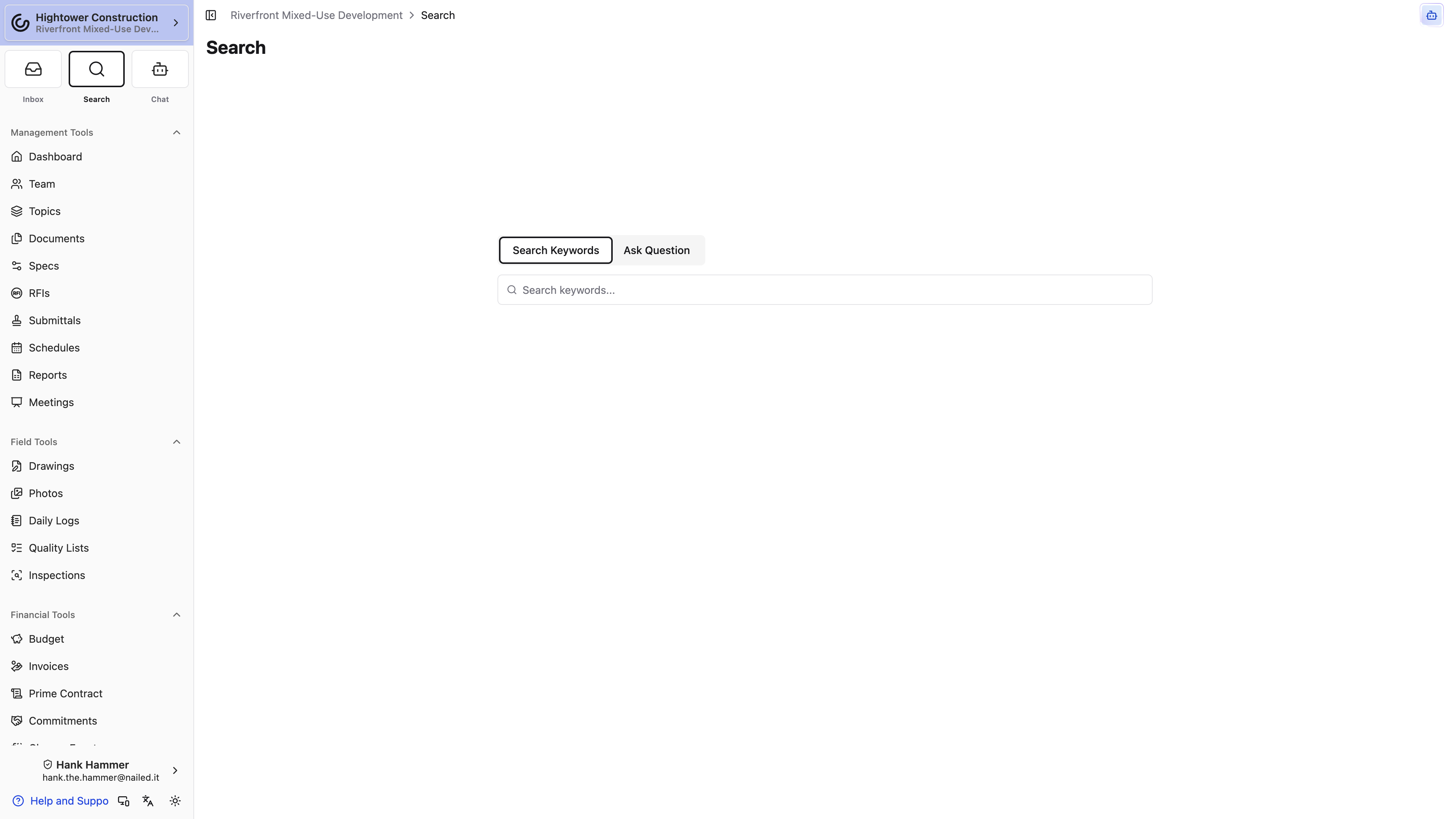 Desktop: Search offers Search Keywords and Ask Question modes alongside access to Agent.