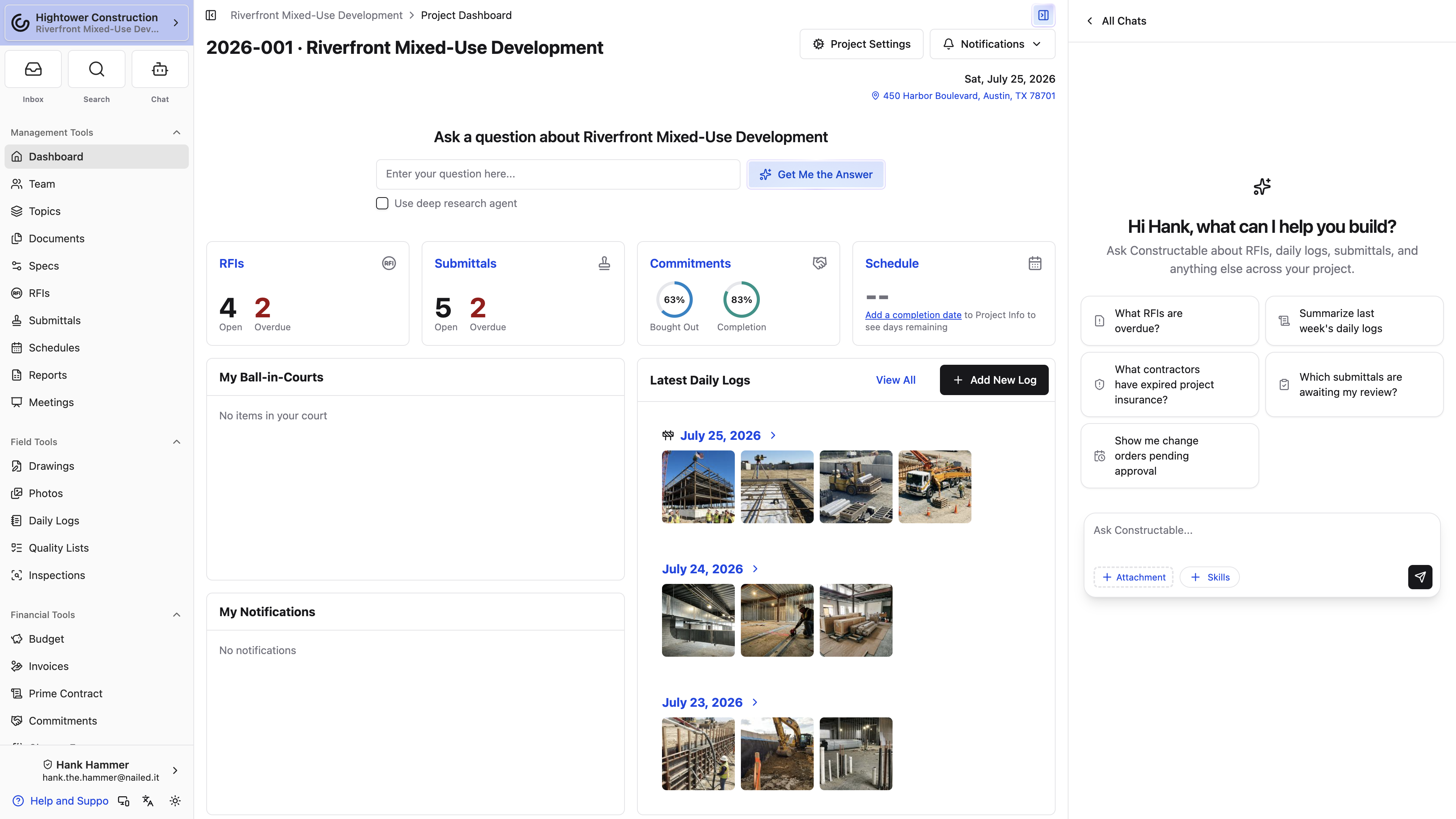 Desktop: The agent panel keeps a Chat conversation open beside the current project page.
