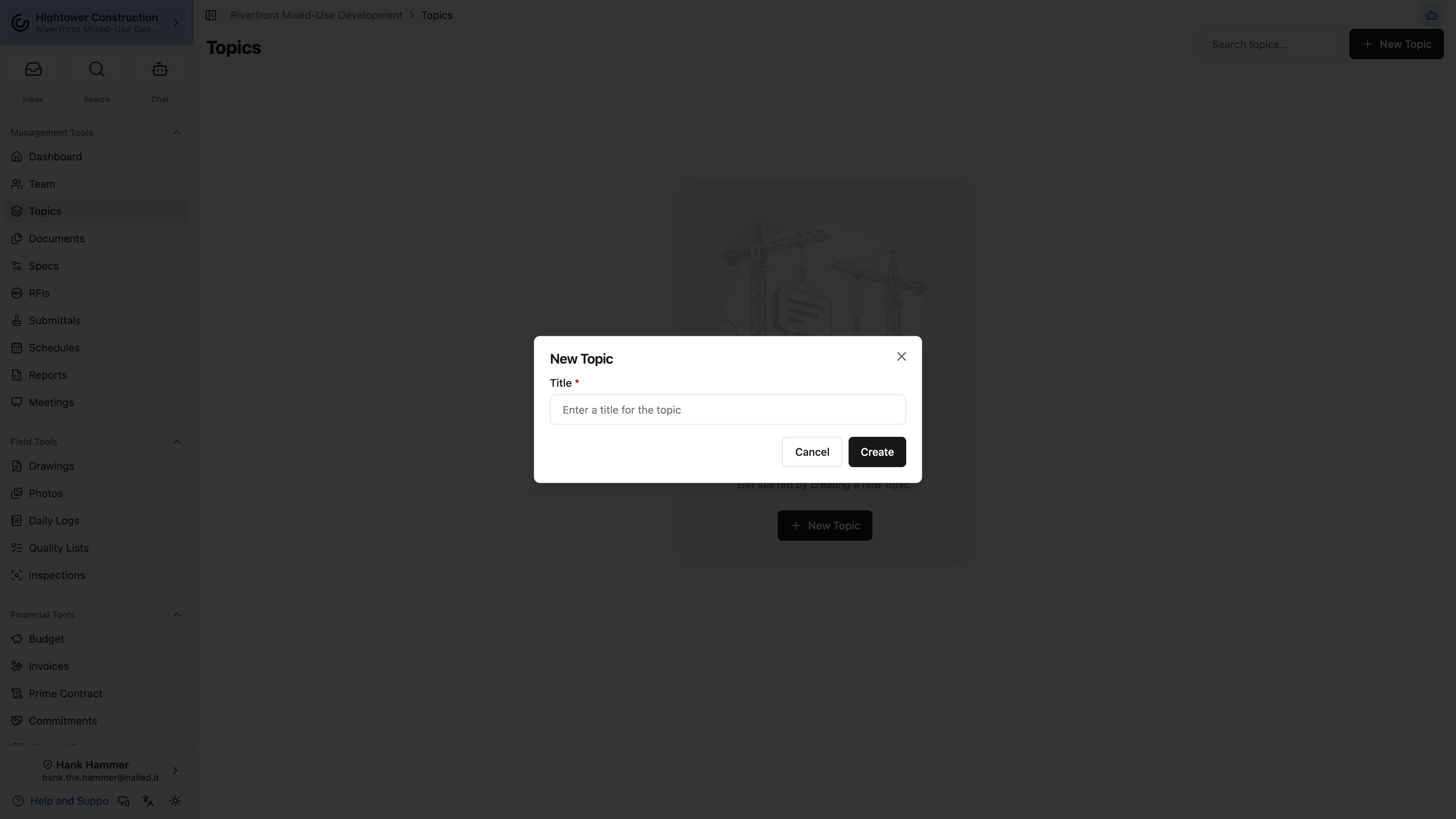 Desktop: The New Topic dialog asks for a title before creating the coordination record.