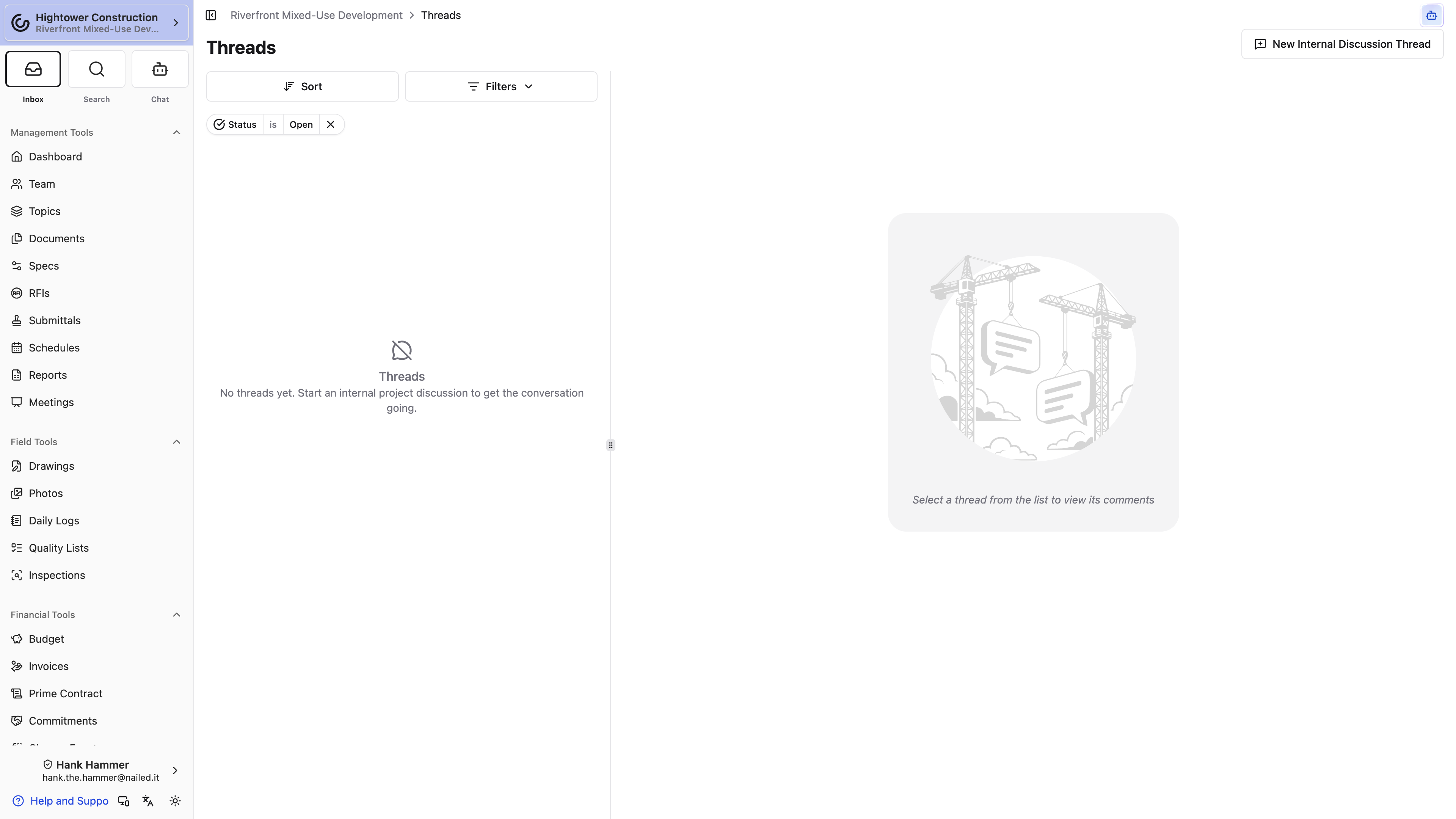 Desktop: The empty Threads inbox shows the Open status filter and action for starting an internal discussion.
