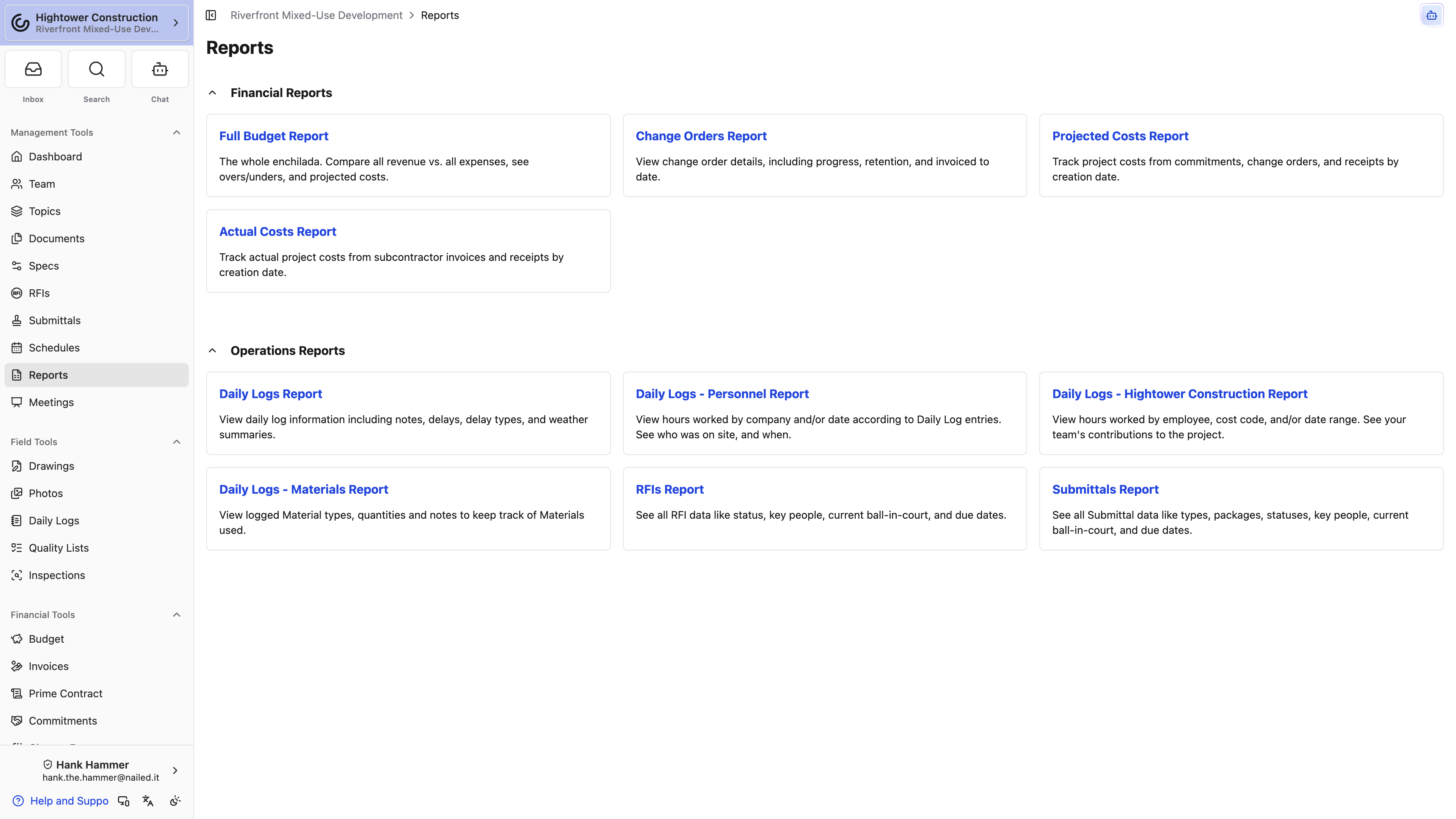 Desktop: Project Reports are organized into Financial and Operations sections with a card for each available report.