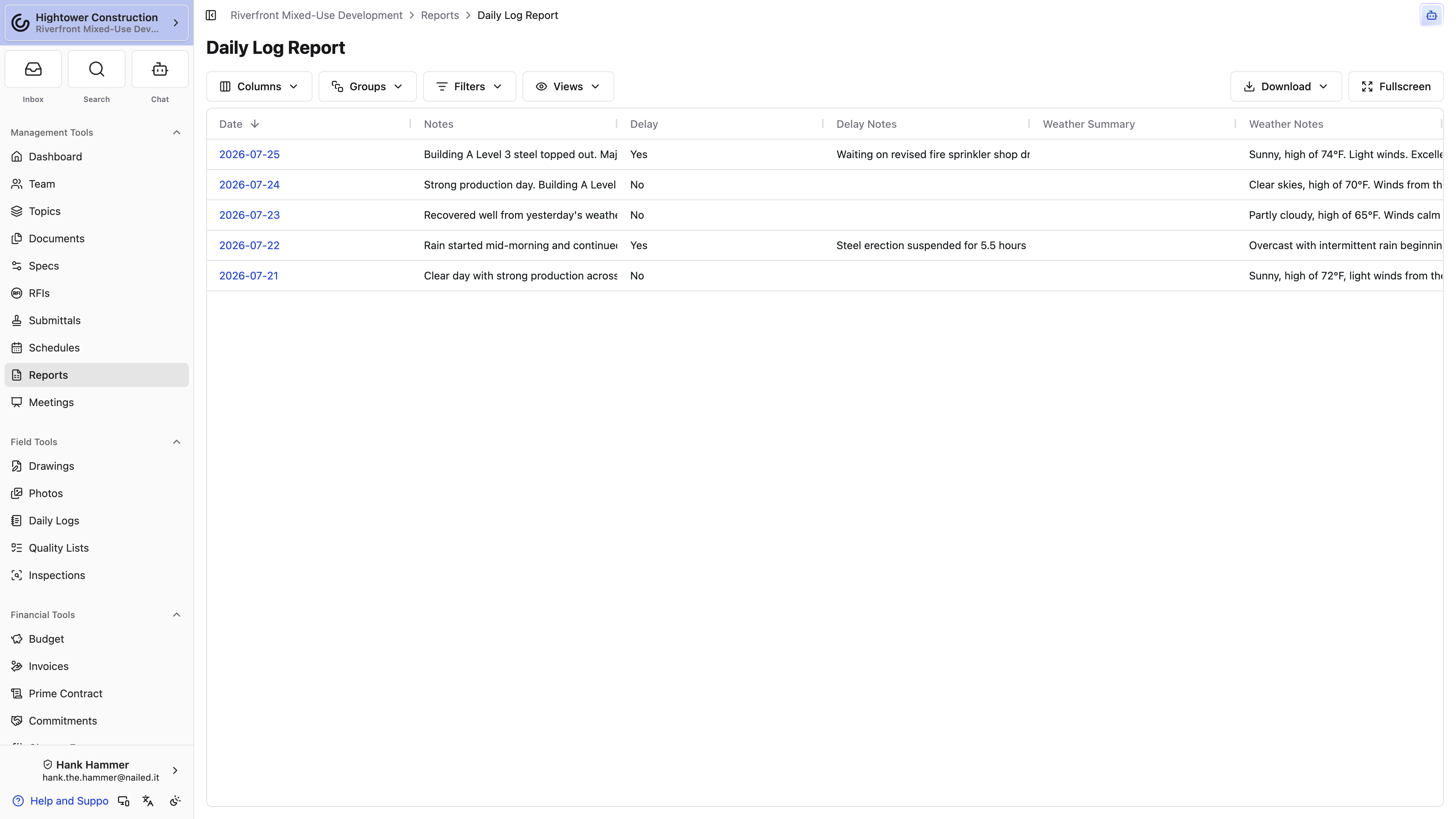 Desktop: The Daily Logs Report compares dates, notes, delays, and weather with table filters and saved views.