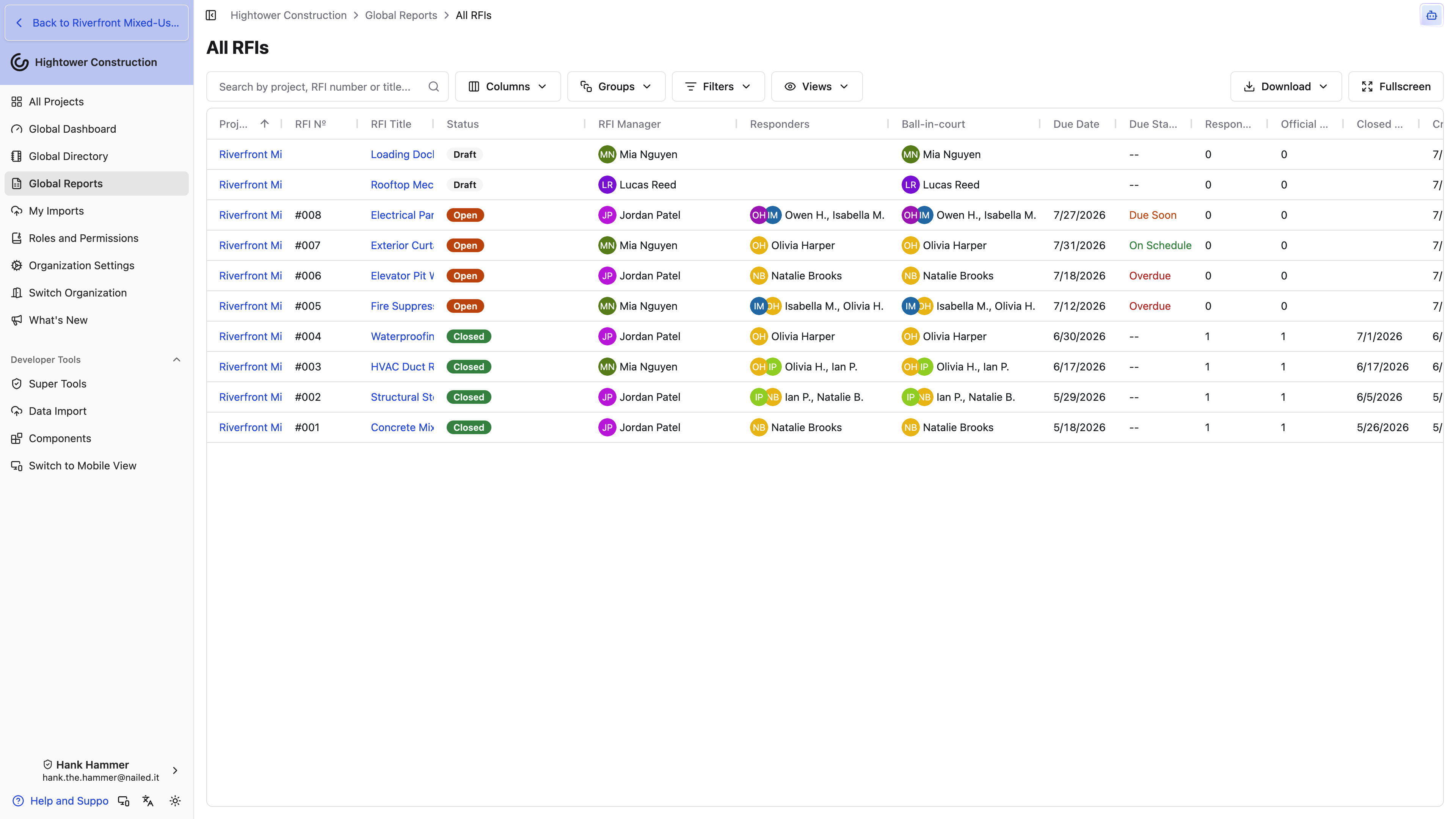 Desktop: The All RFIs report shows a filtered cross-project table with a Download action.
