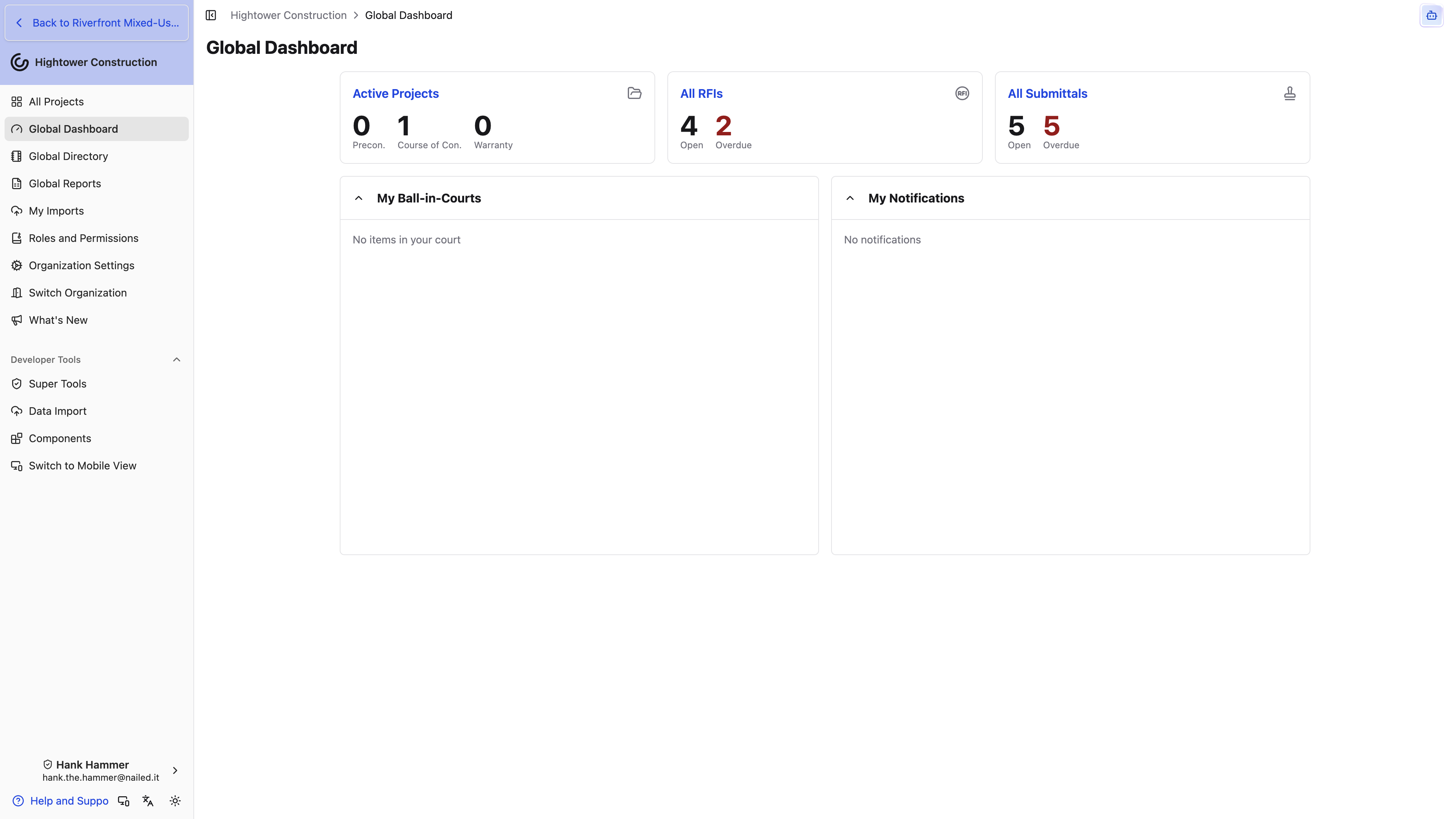 Desktop: The Global Dashboard summarizes active projects, RFIs, Submittals, Ball-in-Court, and notifications.