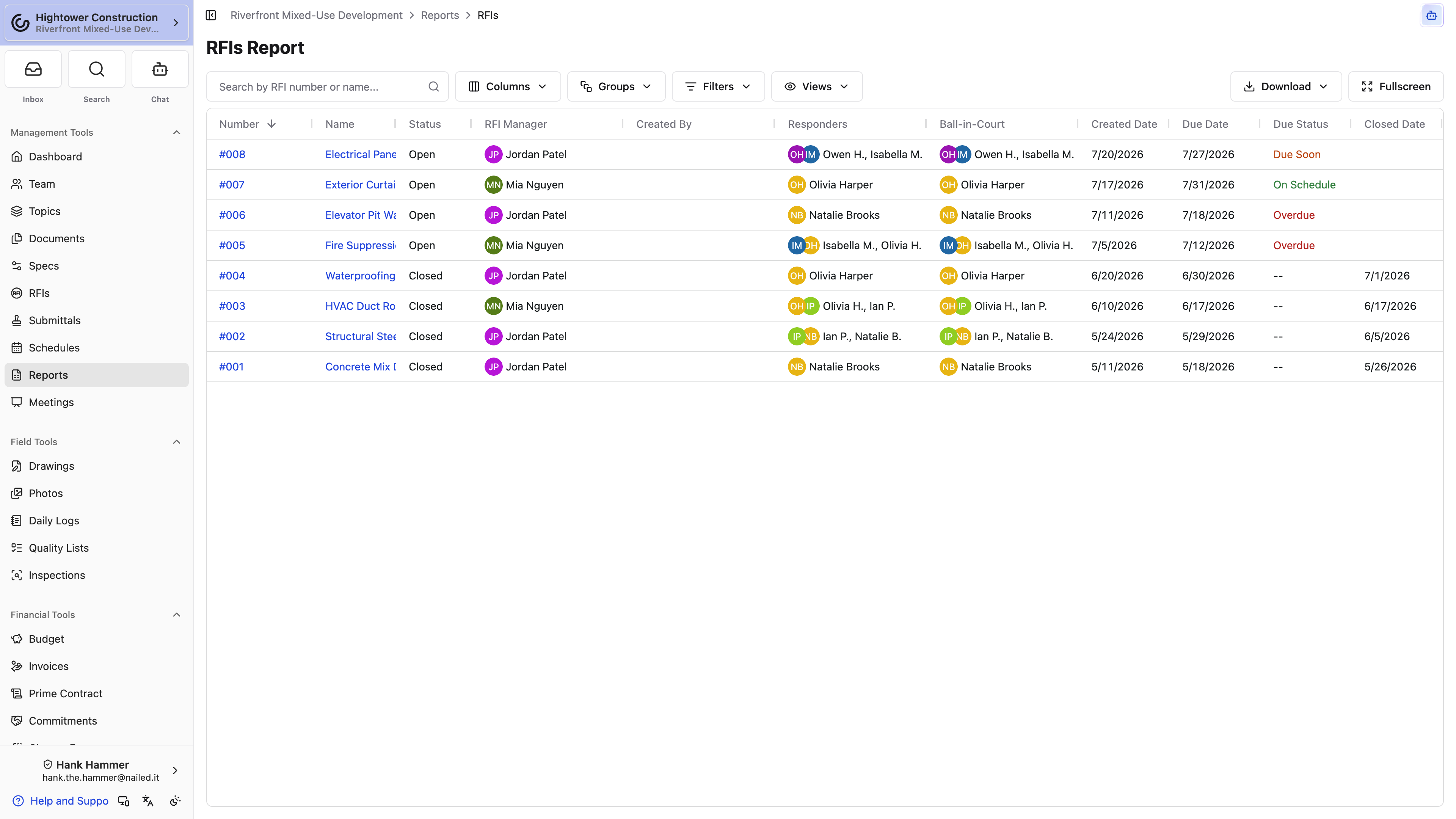 Desktop: The RFIs Report compares status, participants, Ball-in-Court, dates, and due state across the project.