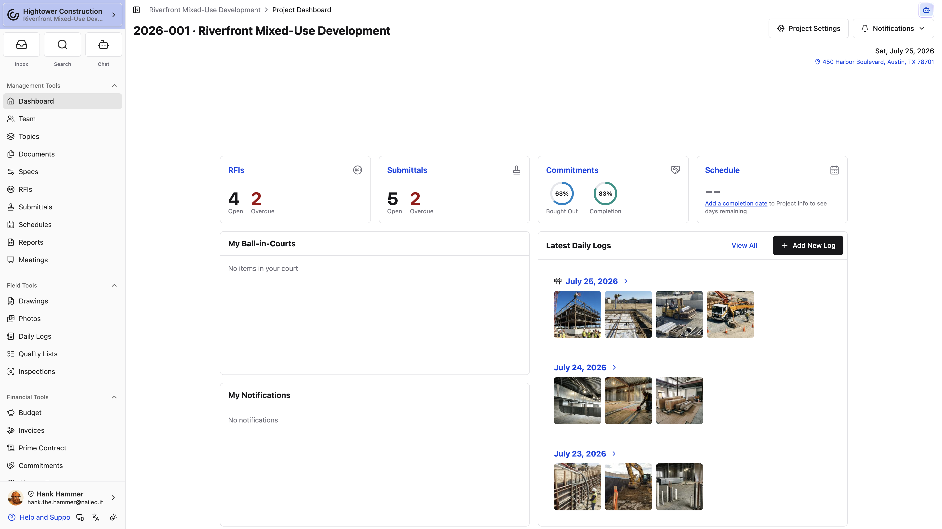 Desktop: The project Dashboard brings RFI, Submittal, Commitment, and Schedule summary widgets into one starting view.