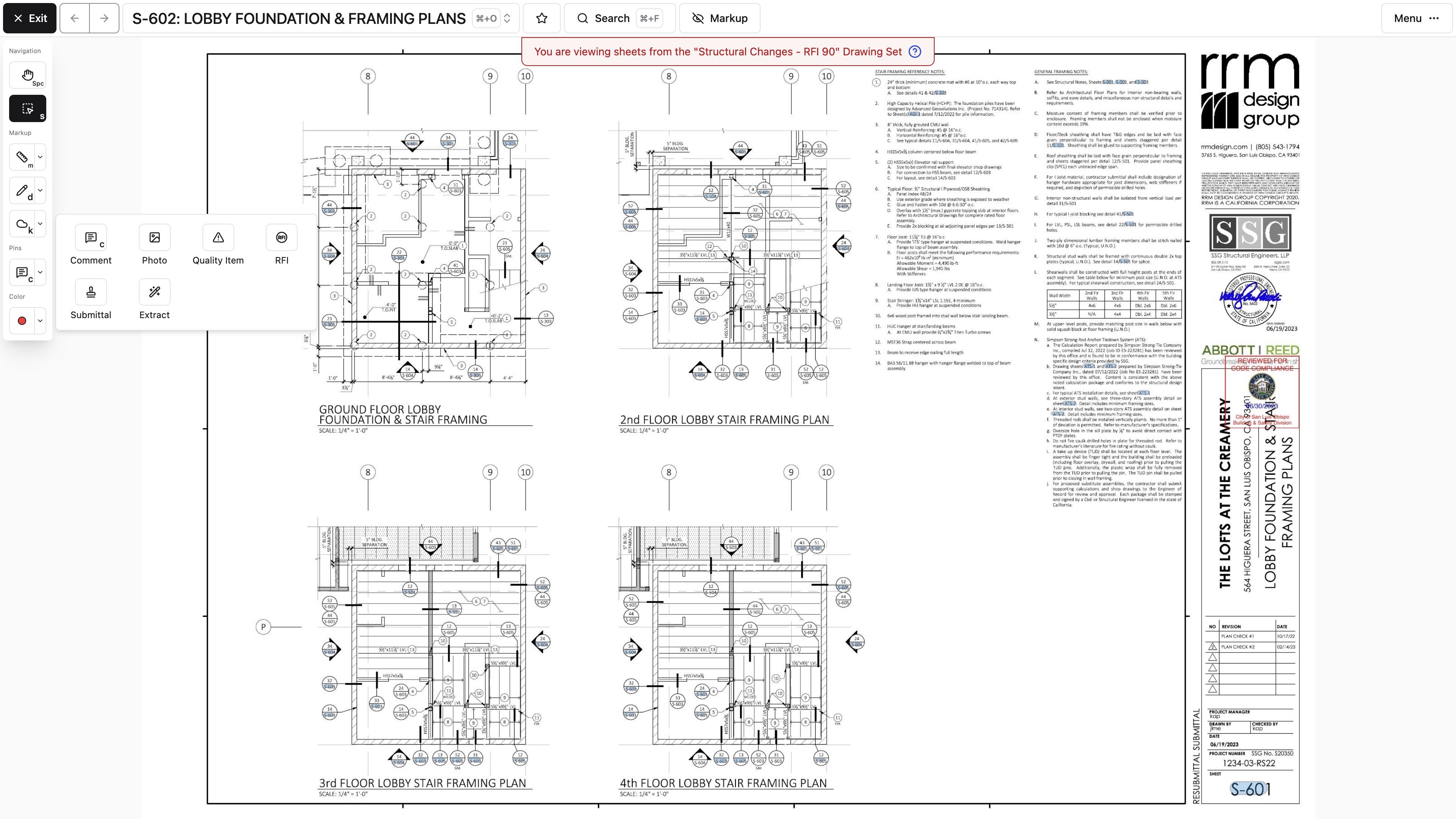 Desktop: The drawing pin menu offers Comment, Photo, List Item, RFI, and Submittal pin types.