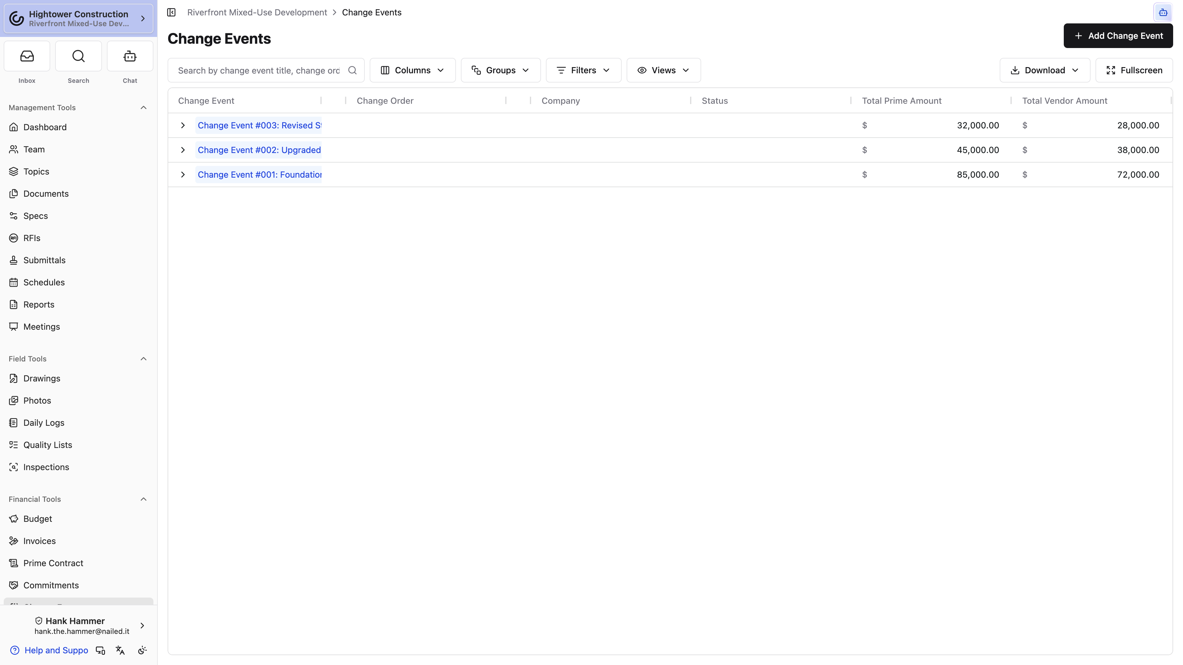 The Change Events page uses Change Events, Prime Change Orders, and Vendor Change Orders tabs, with rows or table layouts for the events list.