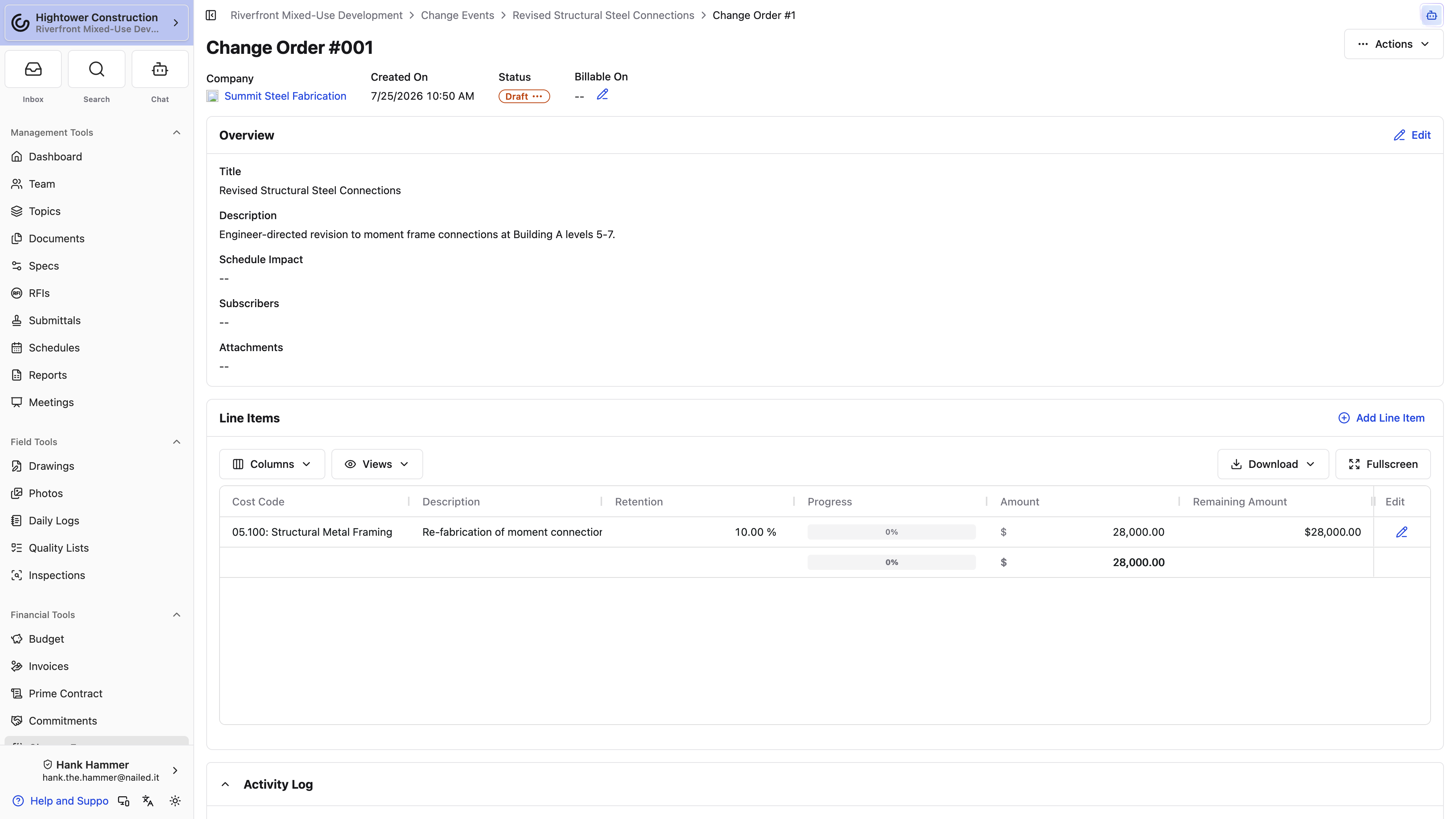 A Draft vendor Change Order shows company, overview, amount, and cost-coded lines.