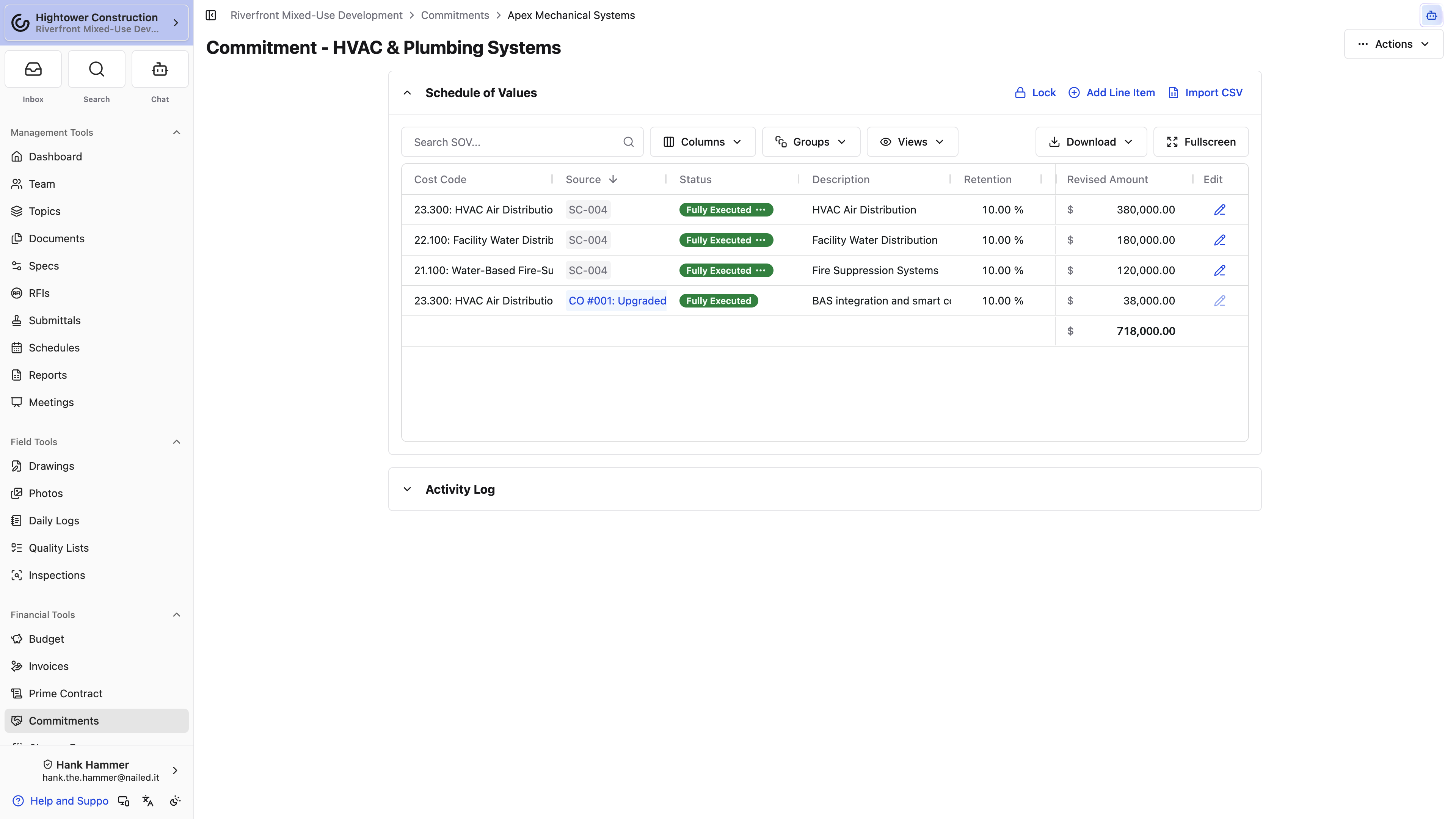 A Commitment SOV lists coding, sources, statuses, retention, progress, and contract amounts.