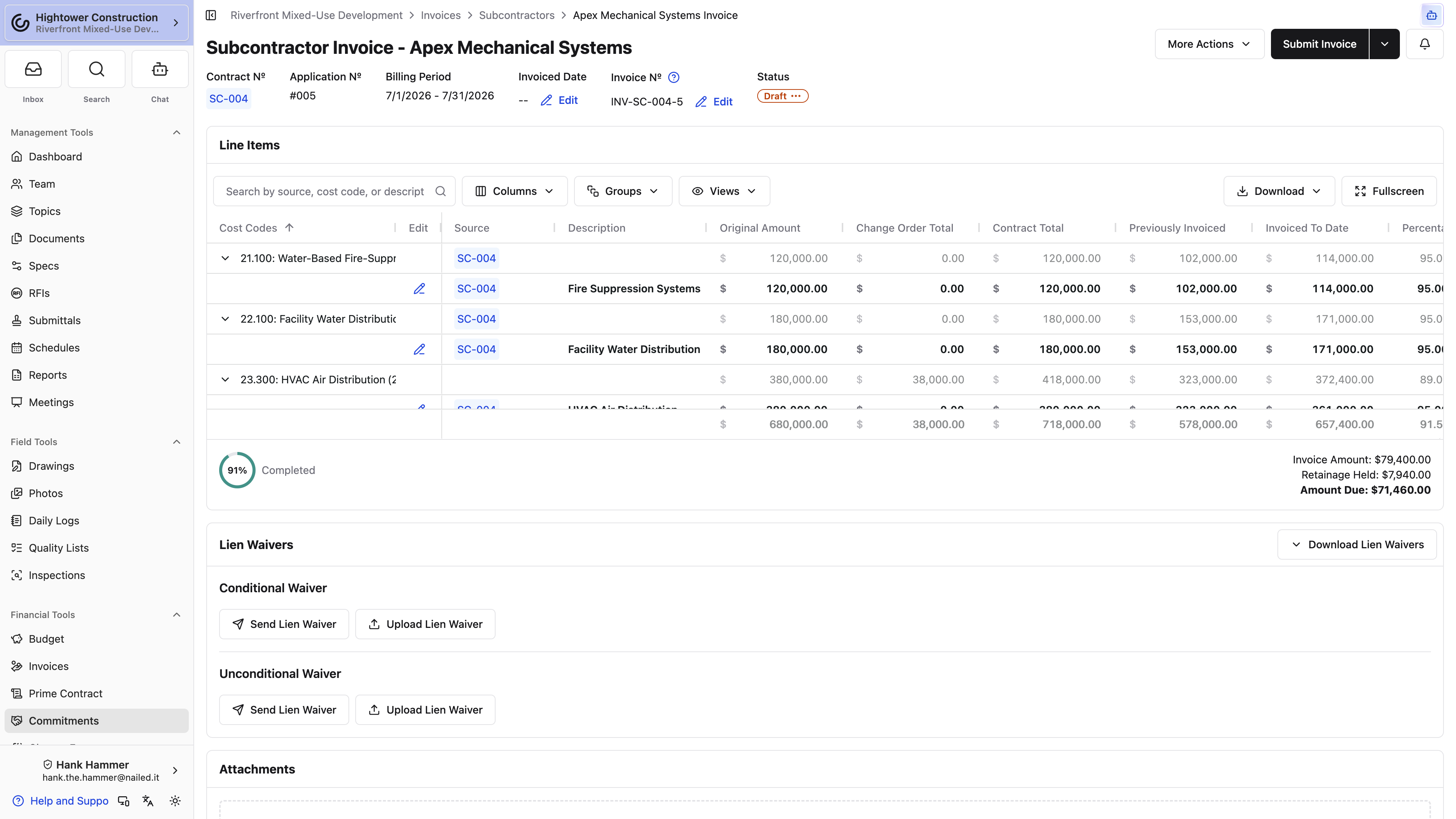 The subcontractor invoice shows its Billing Period, details, SOV progress, and submission controls.