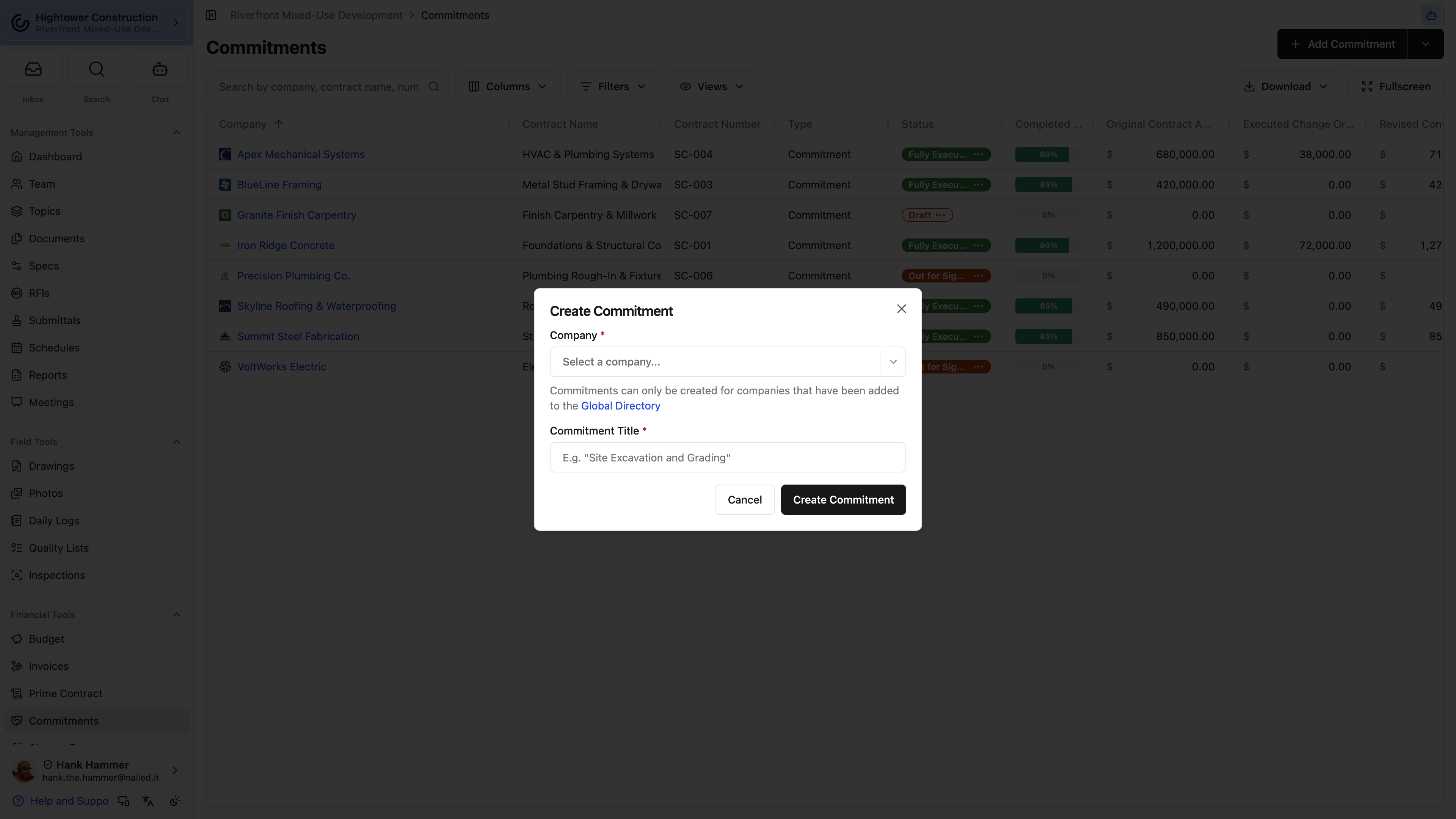 Choose the vendor and contract title to create the initial Commitment.