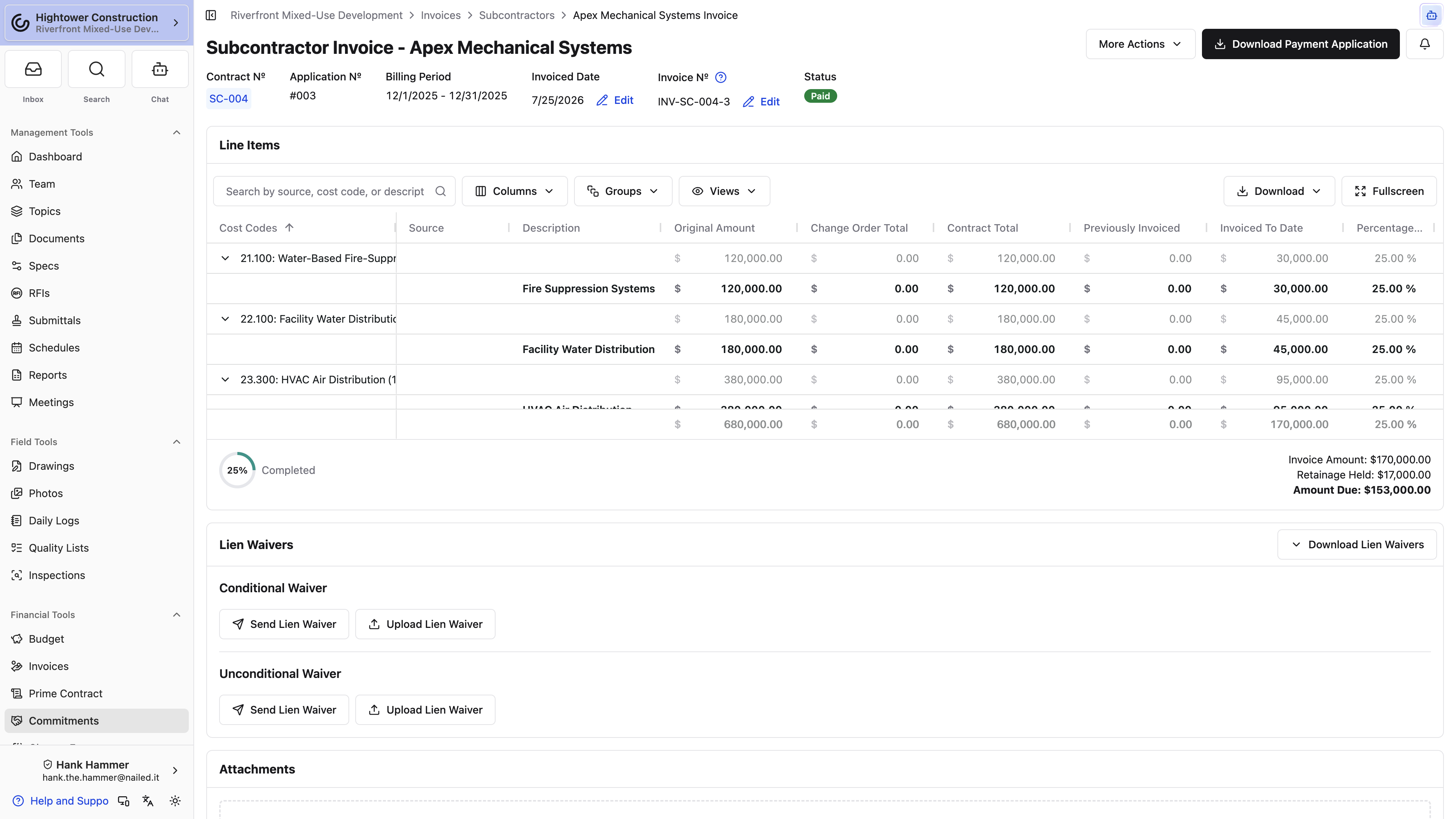 An invoice keeps supporting attachments and lien waiver documents together for review.
