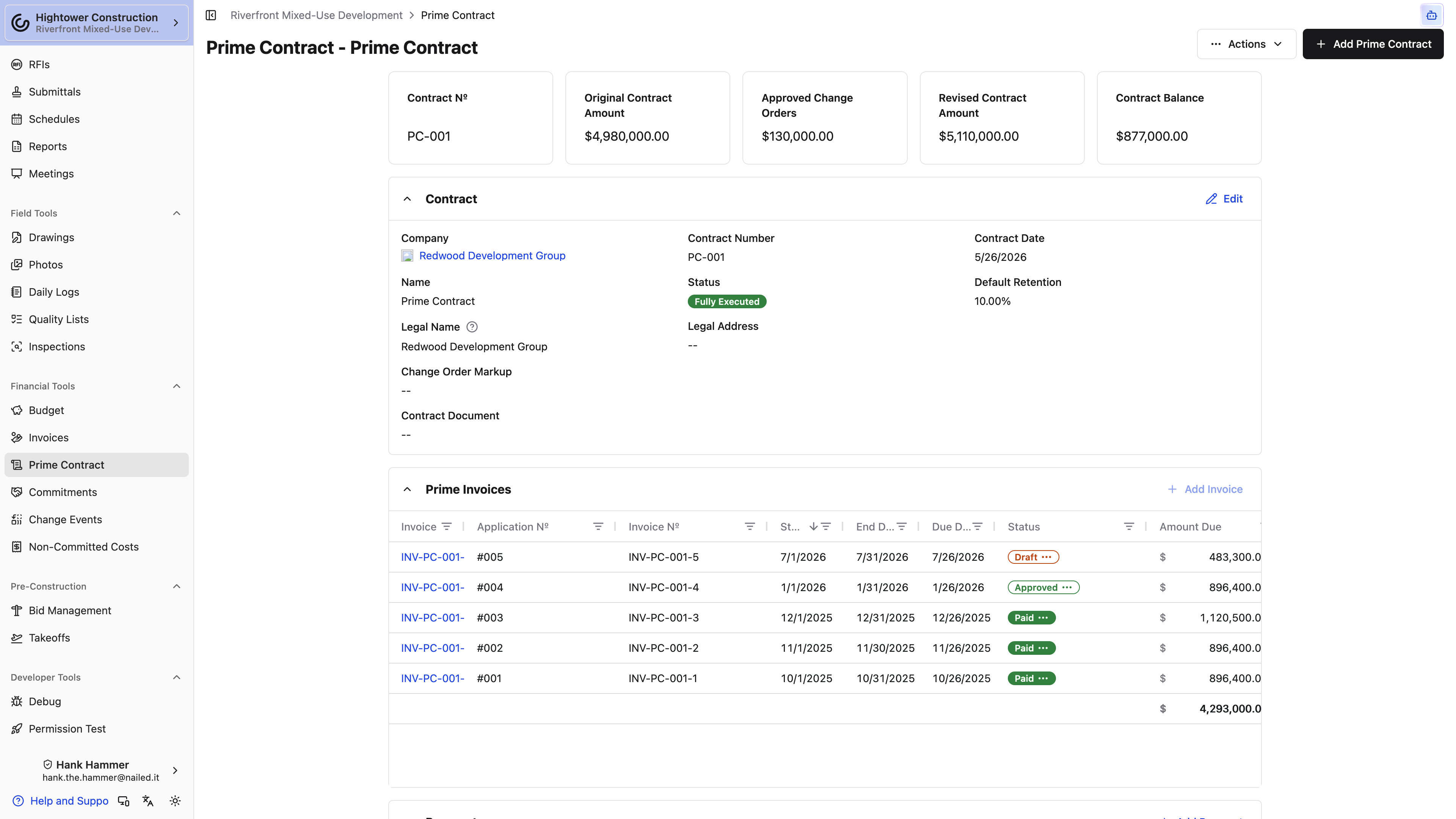 The Prime Contract shows contract totals, owner details, status, and Prime Invoices.