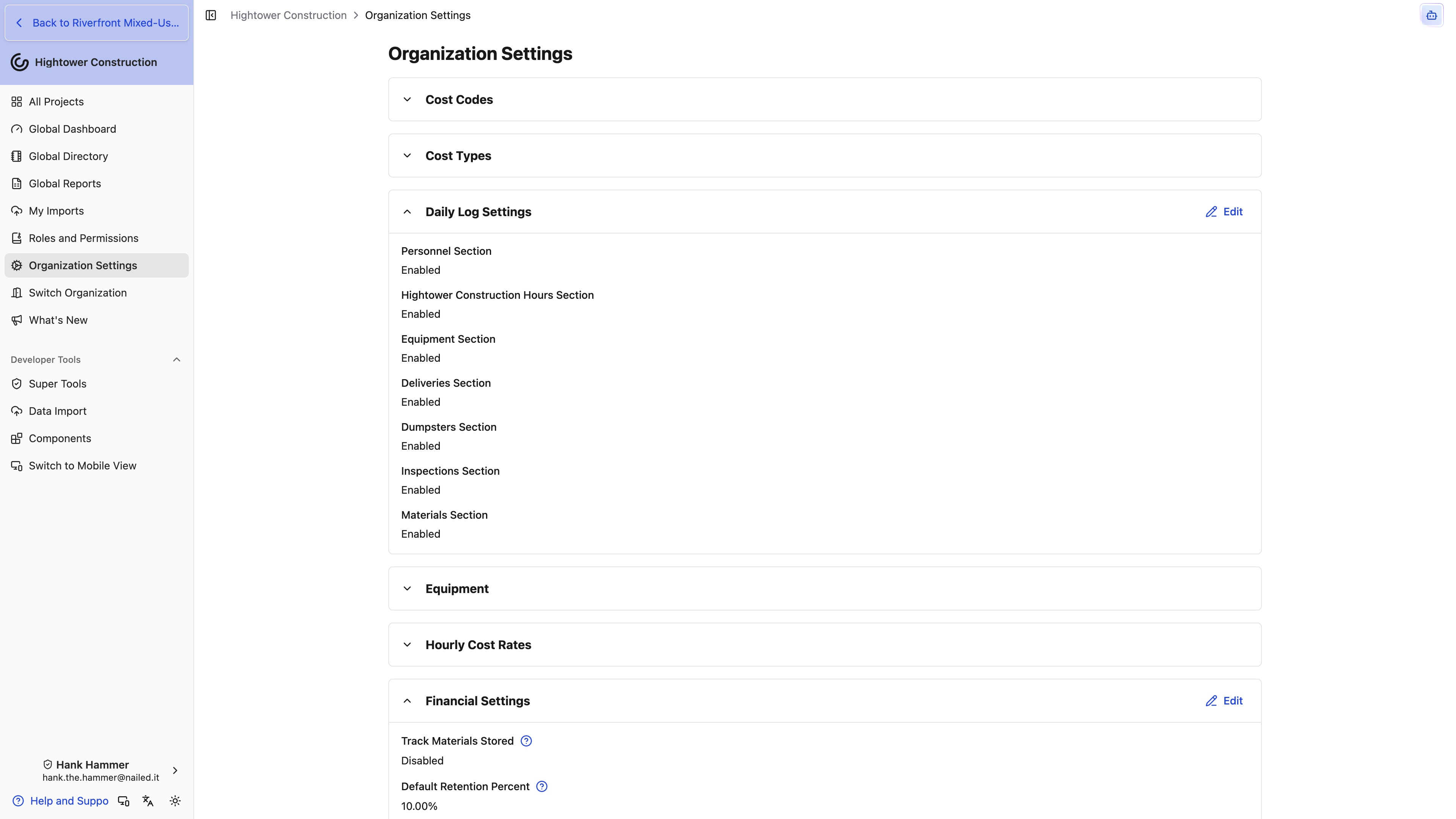 Desktop: Organization Settings shows enabled Daily Log sections with Equipment and Hourly Cost Rates sections below.