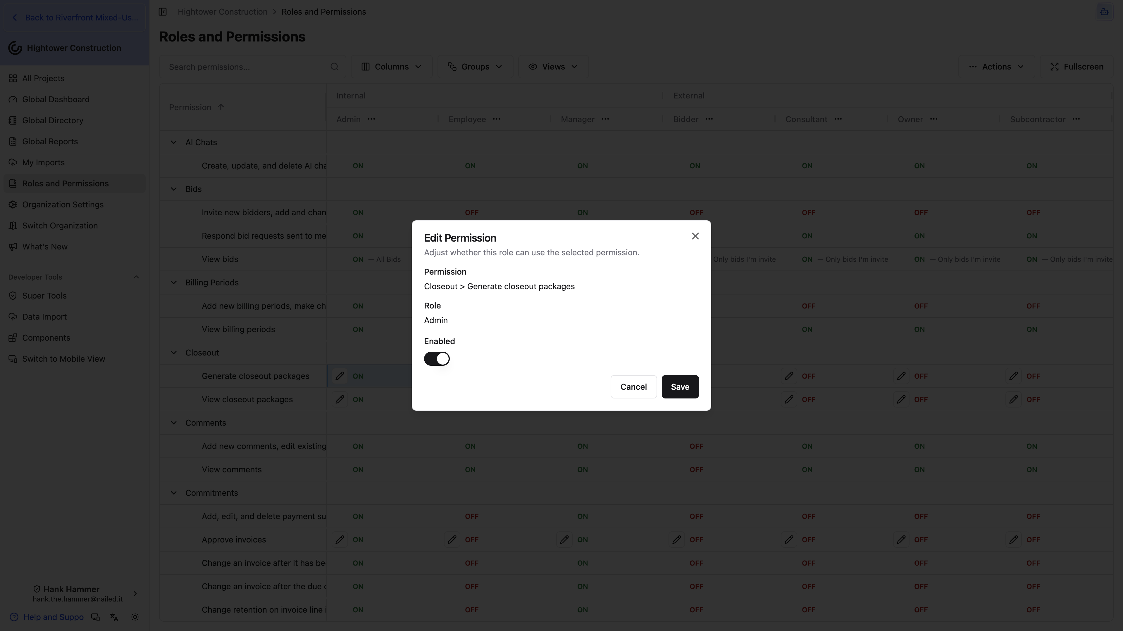 Desktop: The role-permission editor provides an on-off control and available access levels.
