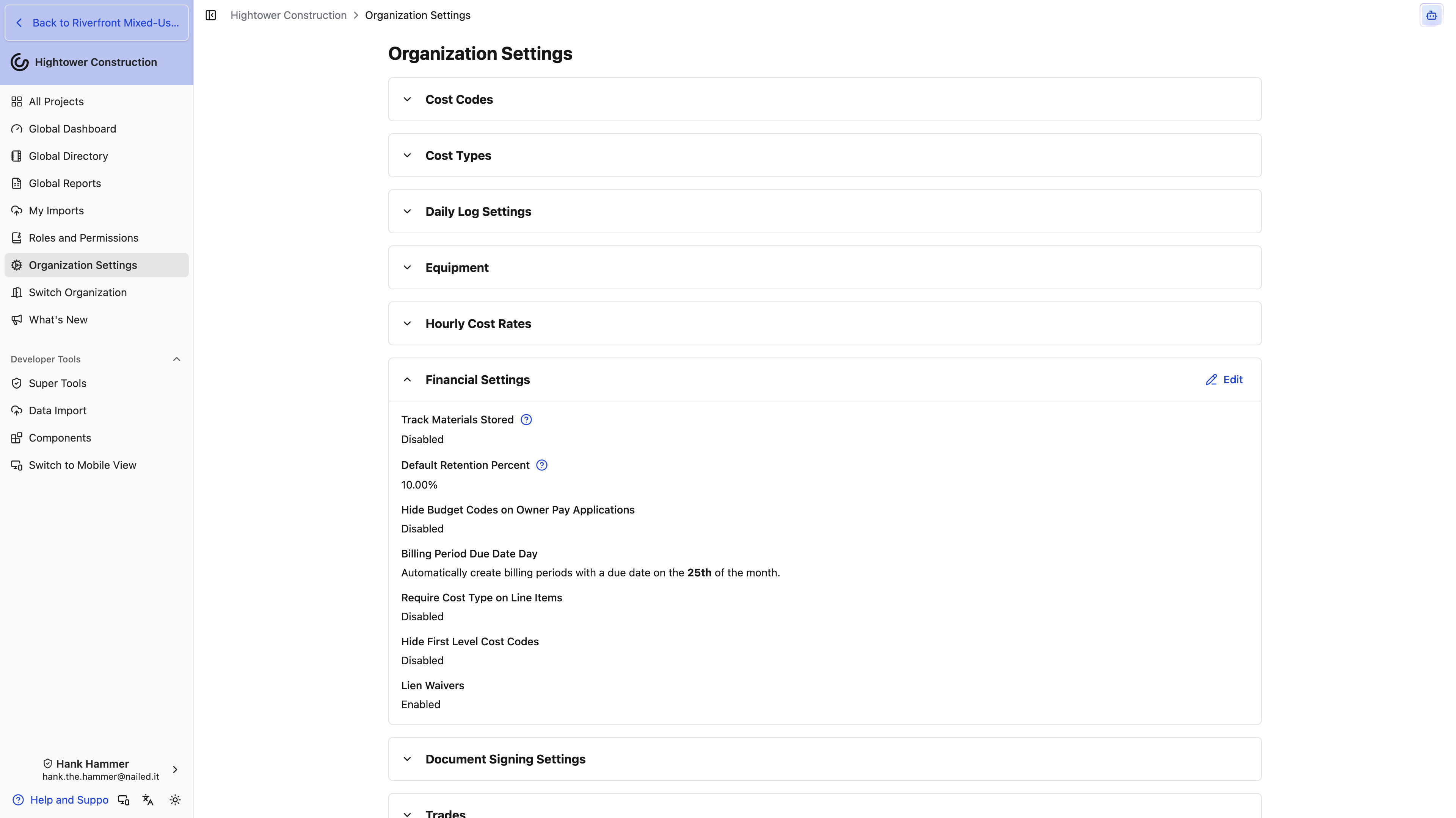 Desktop: Organization Financial Settings lists shared billing, retention, budget-code, cost-type, and lien-waiver options.