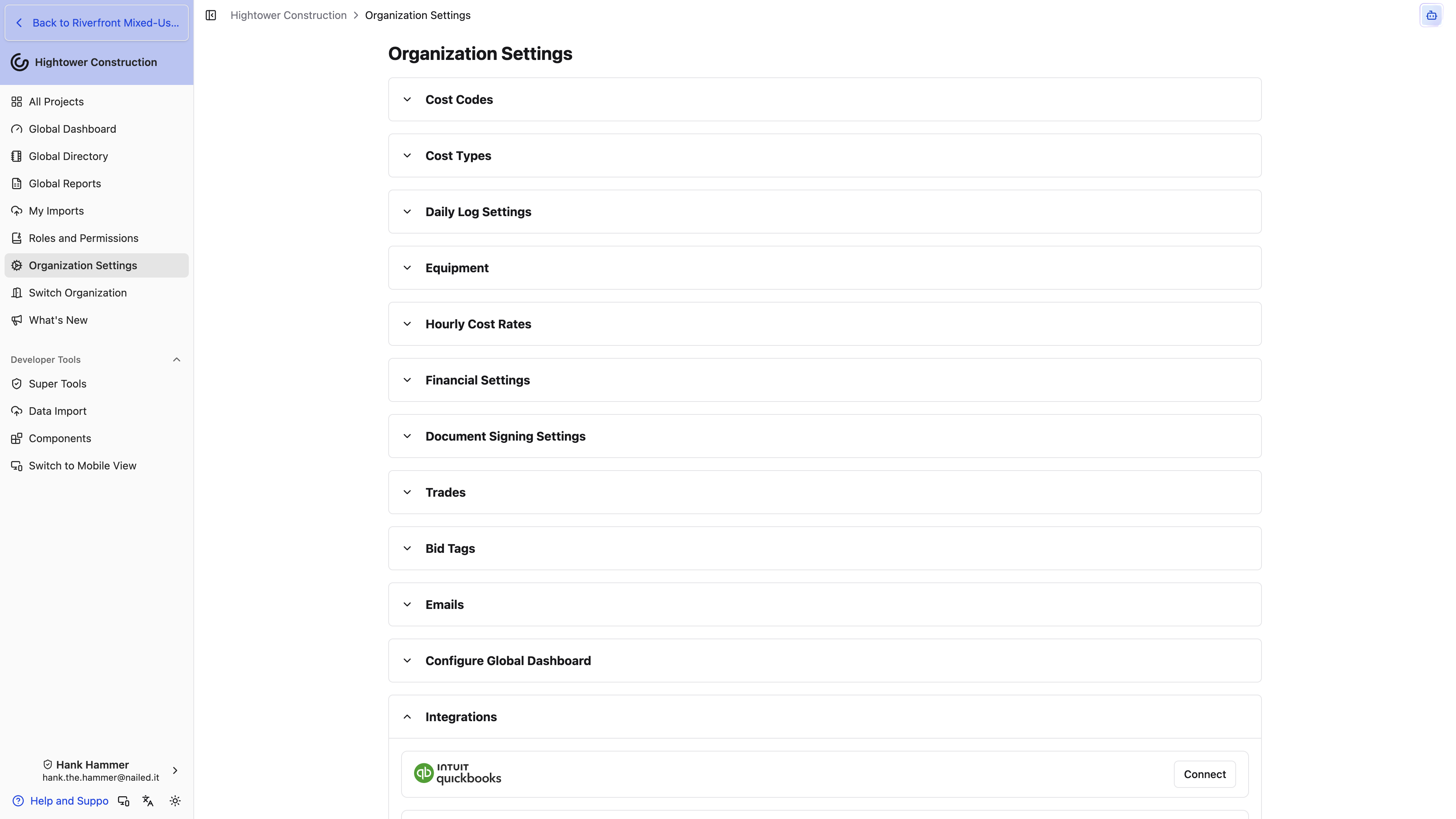 Desktop: The Integrations section in Organization Settings shows QuickBooks with a Connect action.