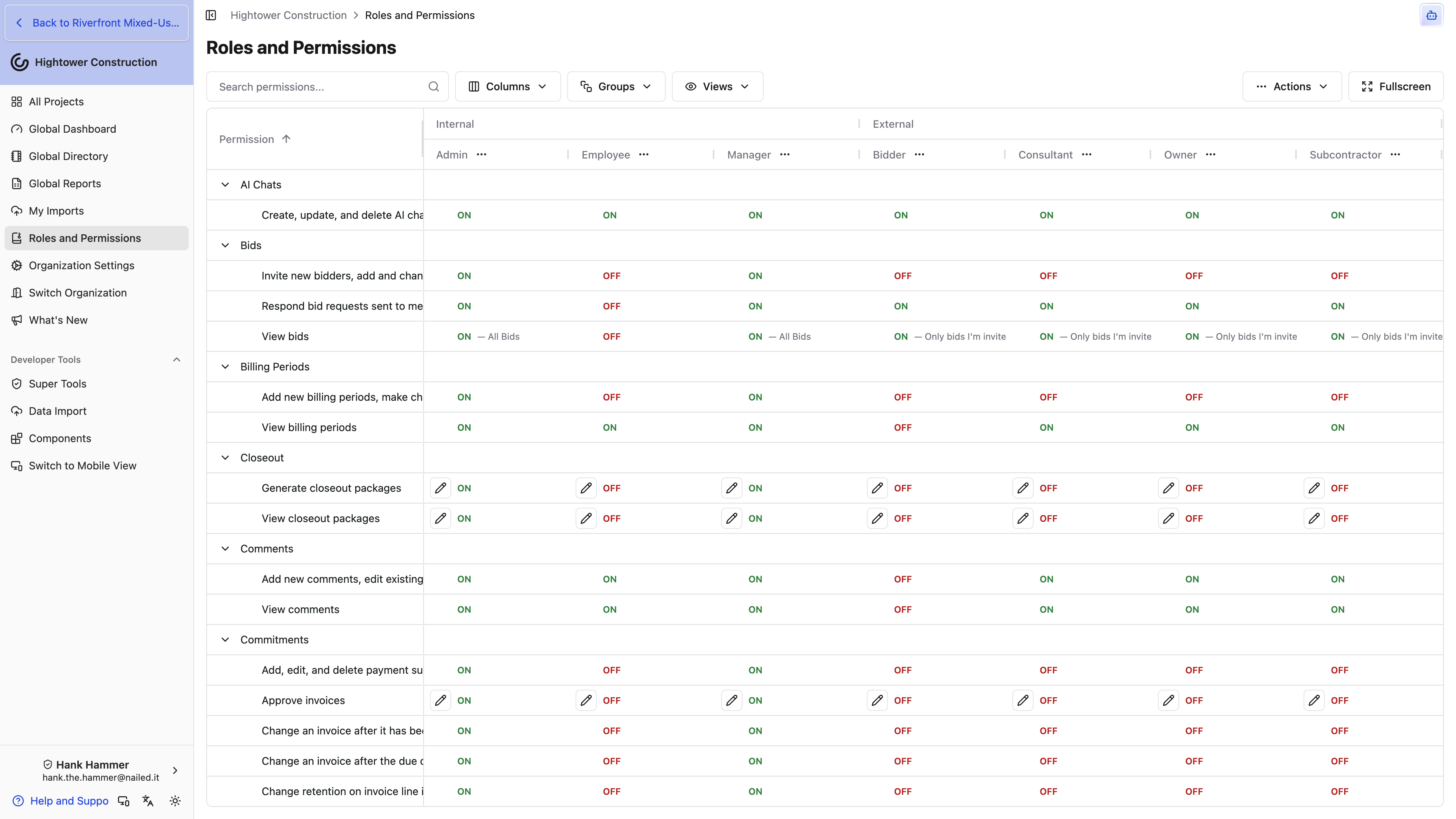 Desktop: The Roles and Permissions matrix compares enabled actions and access levels across organization roles.