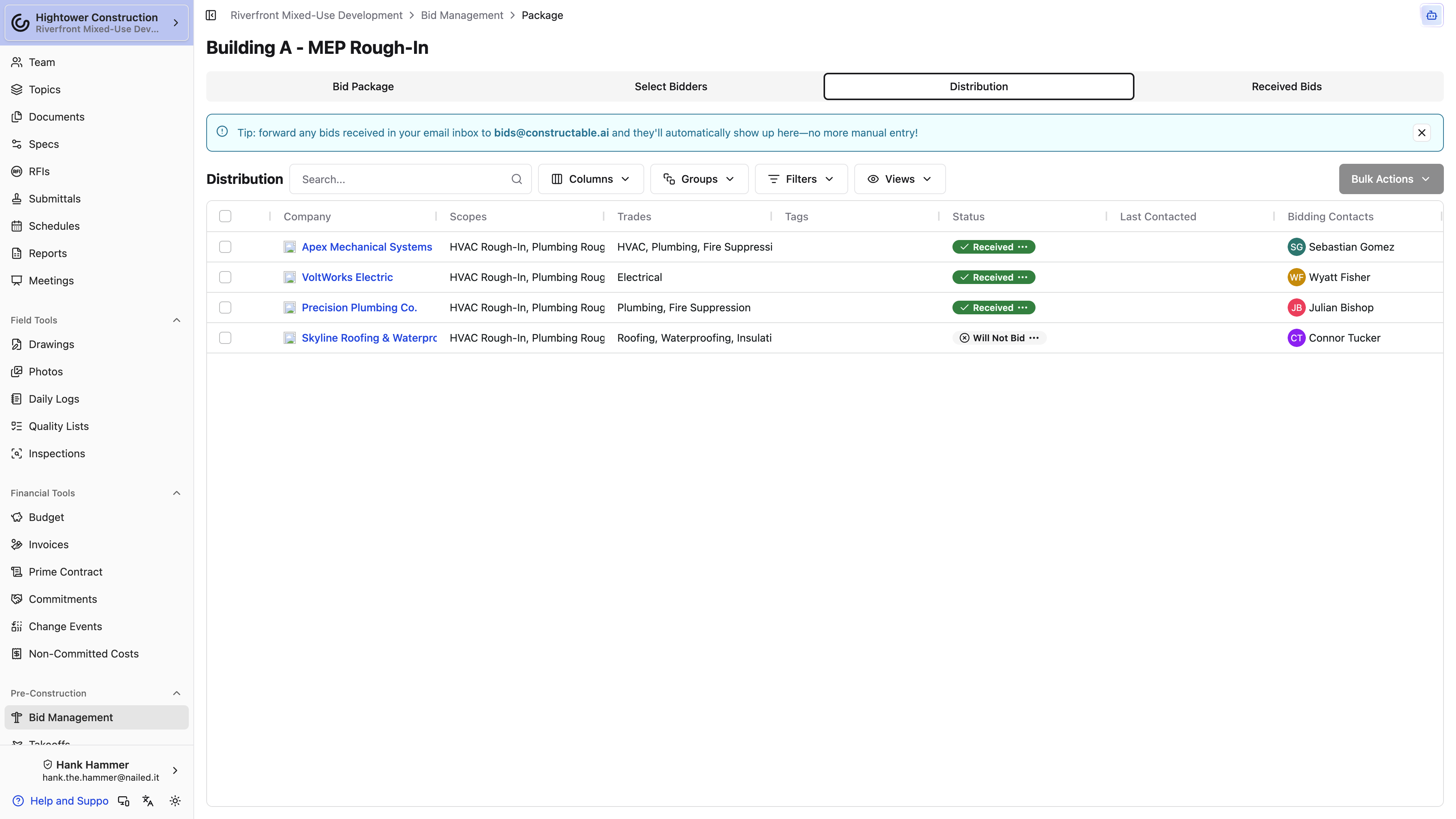 Desktop: Bid Distribution lists invited companies with bid statuses, scopes, contact history, and bulk invitation actions.