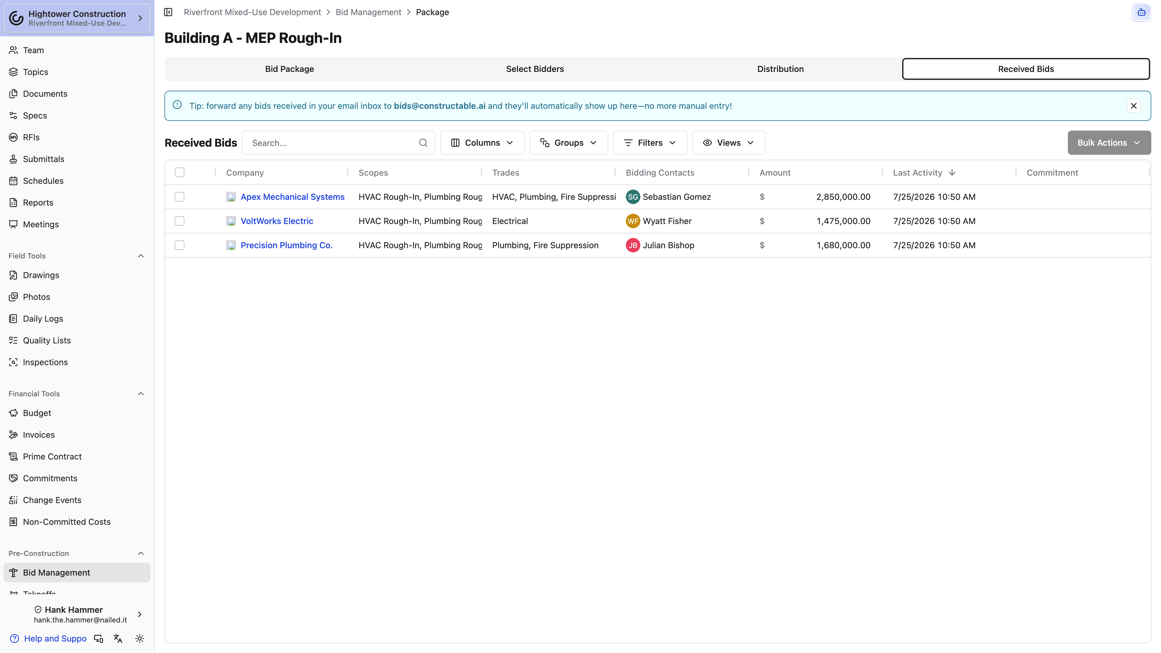 Desktop: Received Bids compares bidder companies, submitted amounts, scopes, and bid-review actions.