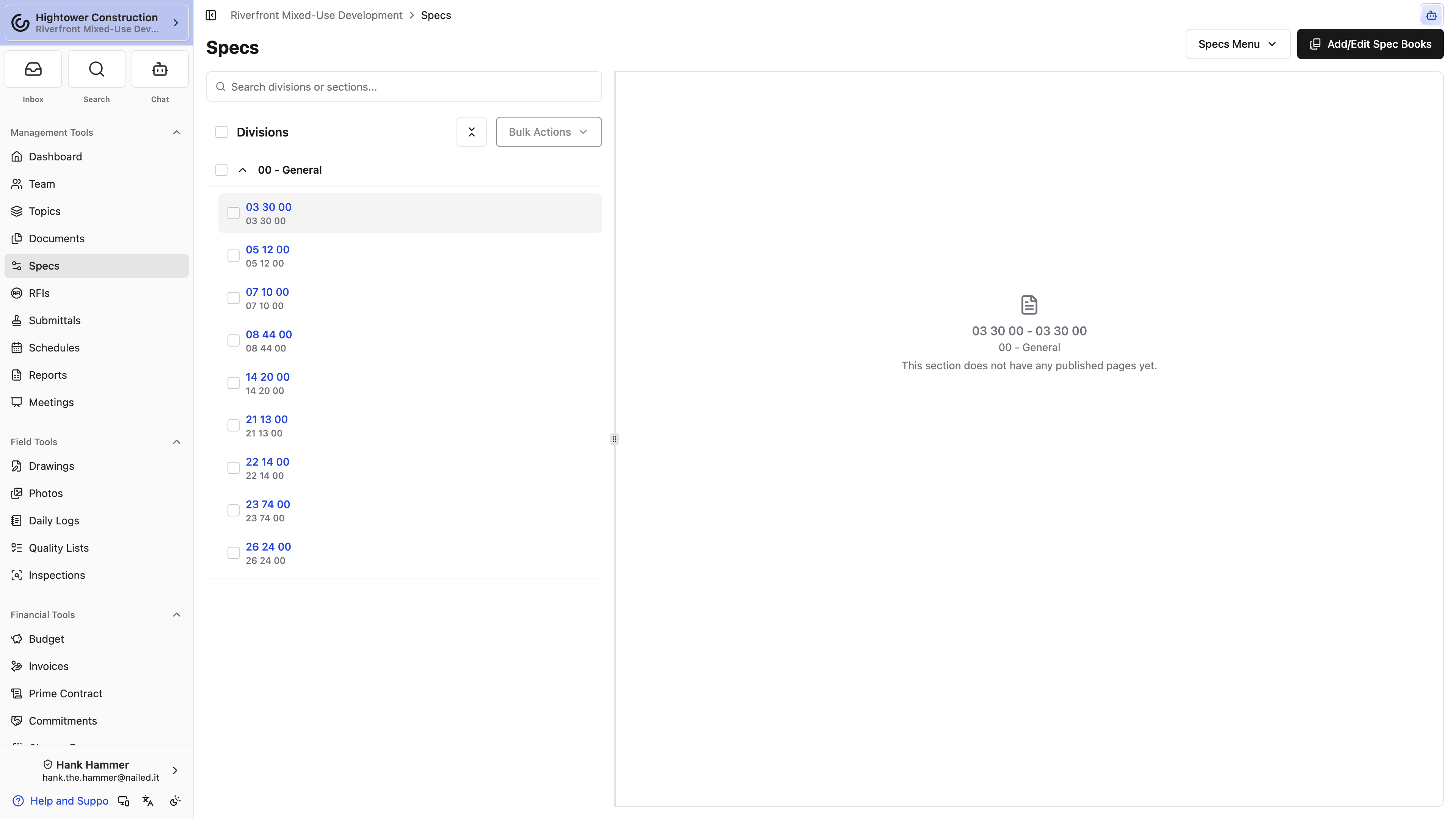 Desktop: The Specs page organizes numbered sections under divisions and provides search, selection, and section-detail controls.