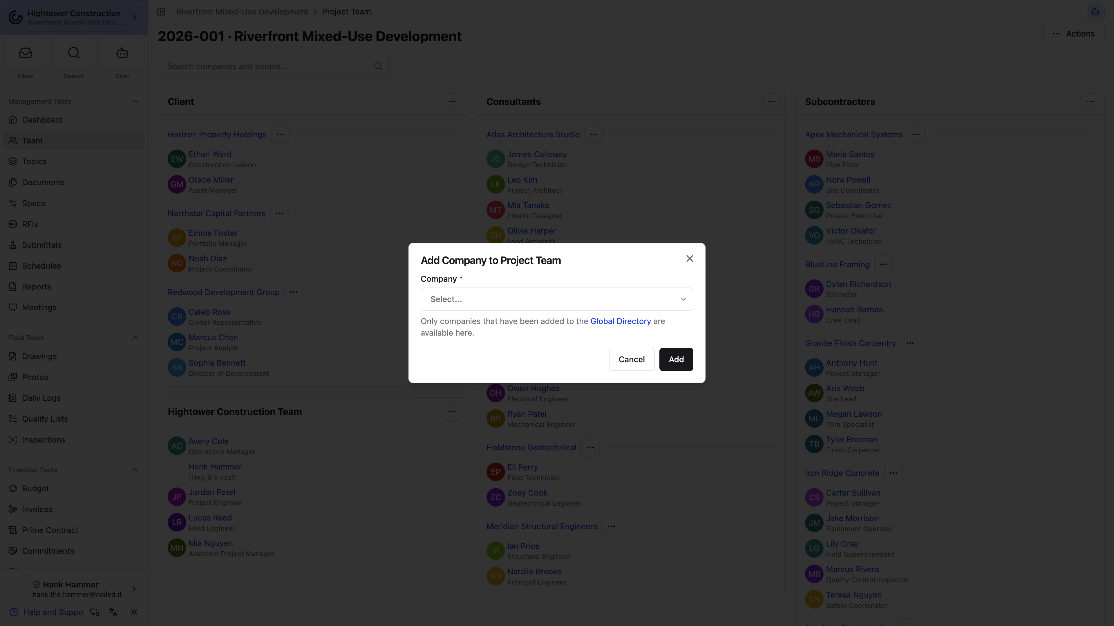 Desktop: The Add Company to Project Team dialog selects an existing Global Directory company.