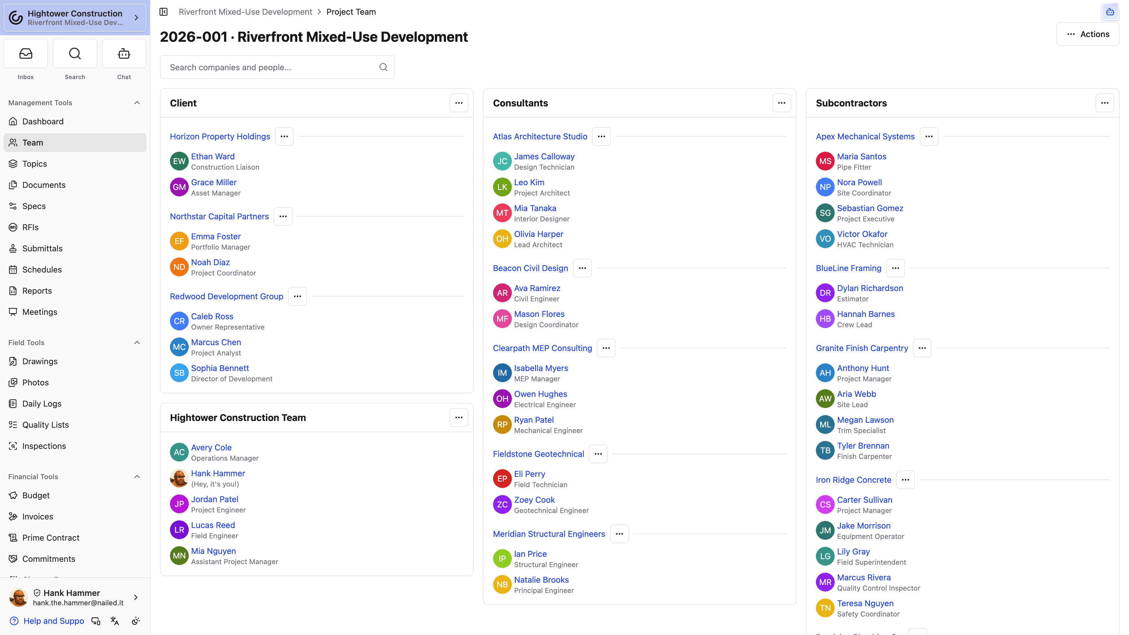 Desktop: Search the Project Team or open Actions to change views and export contact information.